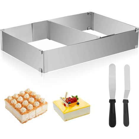 Adjustable Rectangular Baking Frame with Divider, Angled Cake Circle for Baking Plate, Rectangular Mould with 2 Spatulas, 18 x 28 to 34 x 54 cm Cake Mould for Baking (1/5)
