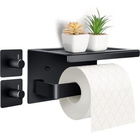 Purpledi Porte Rouleau Papier Toilettes en Aluminium (Perforé/Non perforé) Porte-Rouleau avec étagères Spacieuses Porte Rouleau Papier Toilette Noir Auto-adhésif avec Tablette (1/4)