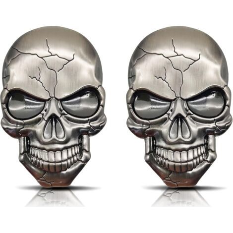 2 Pcs Autocollant Moto Voiture Métal 3D Tête Mort Stickers Tête Mort Autocollants Auto Autocollant Pare-Chocs Crâne Véhicule Démons Autocollant d'Ornement Crâne Autocollant Réfrigérateur (Argent) (1/5)