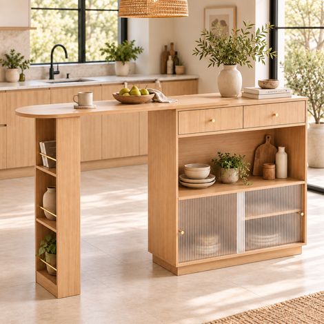 Drehbare Barinsel 183×30×100 cm aus Spanplatten in Eichenoptik mit Stauraum – MEUBLIV (1/5)