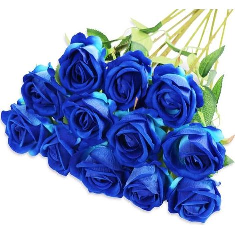 Rosas artificiales (12 unidades) - Flores de terciopelo sintético - Decoración para el hogar - Aspecto realista - 48 cm de largo - Azul marino (1/5)