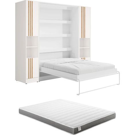 Lit escamotable vertical 140 x 200 cm - 2 colonnes de rangement - Avec tasseaux et LEDs - Blanc + Matelas - RAPILI (1/5)