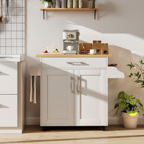 Îlot de Cuisine Roulant avec Tiroir Étagère Ajustable Support à Épices Porte-Serviettes Roues Universelles Verrouillables Blanc (1/3)