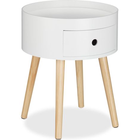 Tavolino rotondo scandinavo minimalista 40 x 40 x 45 cm con pratico cassetto in legno bianco 130008169