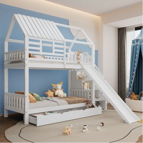 Lit Superposé 90x200cm - avec Toboggan et Tiroirs - Lit Superposé Enfant - Forme Cabane, Escalier Rangement, Pin Massif, Blanc (1/5)