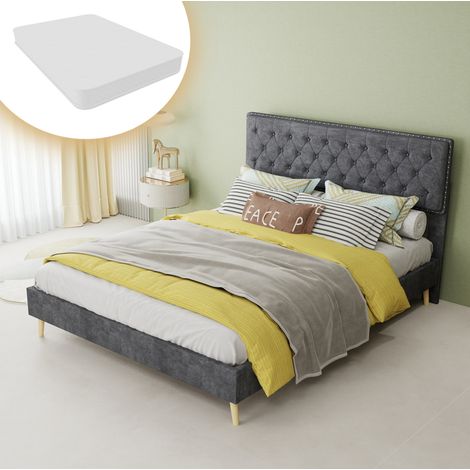 Lit moderne en velours hollandais gris 140x200 cm avec tête de lit haute rembourrée, sommier à lattes et matelas inclus (1/5)