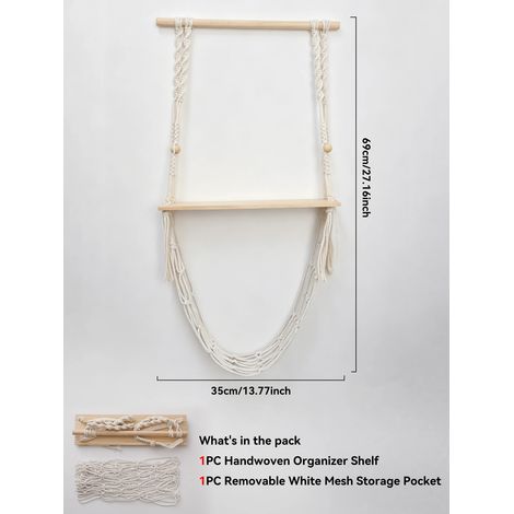 (Étagère M03568) Étagère murale bohème en macramé avec panier en filet, étagère flottante en bois pour la décoration de la maison, de la chambre au salon, et le rangement de la cuisine - Idée cadeau (1/5)