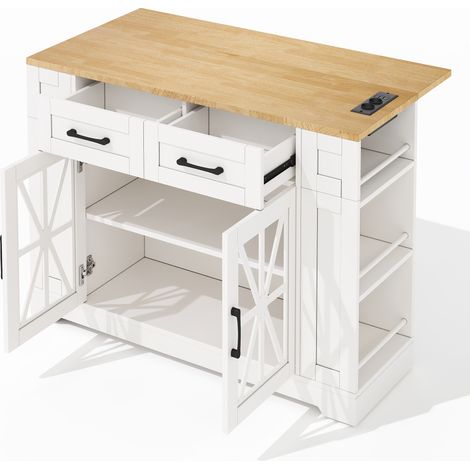 GagaIlot de cuisine 120 cm avec table pliante, USB, roulettes, blanc (1/5)