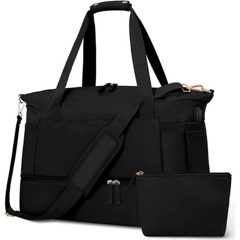Nouveau sac week-end amélioré pour femmes, sac de voyage avec compartiment à chaussures et port de chargement USB, sac de sport avec compartiment étanche, sac de voyage pour une nuit (noir) (1/5)