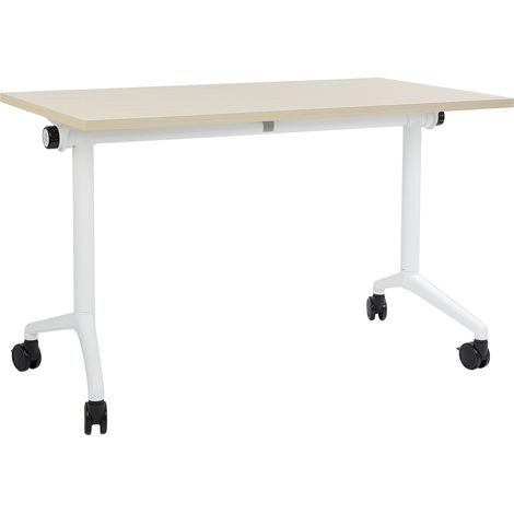 Escritorio rectangular moderno plegable con ruedas mesa móvil portátil estructura metálica 120 x 60 cm madera clara y blanco Cavi