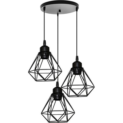 – Suspension luminaire industrielle 16cm – Cage diamant 3 lumières – Câble ajustable 100cm – Douille E27 – Tension AC110-240V (1/5)