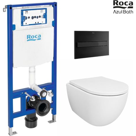 Pack Bastidor ROCA Duplo Cisterna Empotrada y Pulsador PL7 Negro Mate + Inodoro Suspendido SWISS 53 cm Tornado y Soft-Close