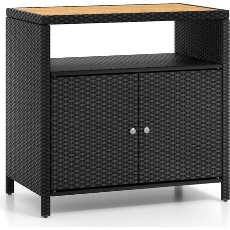 Mobiletto portaoggetti set da 1 90 x 53 x 86 cm design pratico 2 ante per giardino in rattan PE nero e legno di acacia naturale 200020033