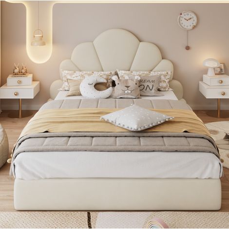 Lit double capitonné moderne en velours beige 140x200 cm avec tête de lit fleur et sommier à lattes (1/5)