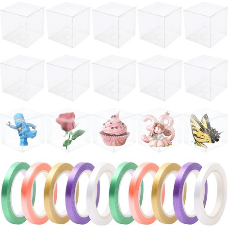 Lot de 15 Petite Boite Plastique Cadeau Transparente, Boite a Macarons Transparente, Boites Bonbon Plastique Transparent avec Ruban pour Invité, Fête de Mariage (9x9x9cm) (1/5)