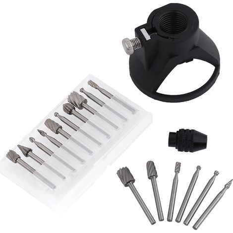 Ortviai Guide de perçage pour fraiseuse électrique + mandrin 0,5–3,2 mm + 6 limes bois + 10 fraises rotatives à rainure simple (1/5)