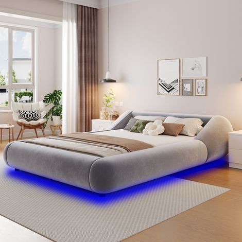 Lit rembourré 140x200 cm avec tête de lit enveloppante, design arrondi flottant, LED intégrée, cadre de lit en velours moderne - Gris (1/5)