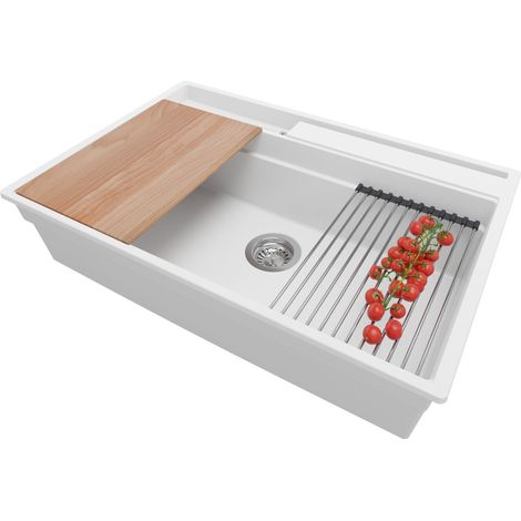 PRIMAGRAN Evier Cuisine en Granit 78x53cm, Lavabo 1 bac + Kit de Vidage + Accessoires, Évier à Encastrer au meuble 80cm - Oslo Pocket, Blanc (1/5)