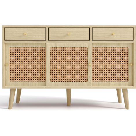 Aparador (120x40x78 cm), 3 cajones y 3 puertas correderas, estantes regulables, MDF color roble (1/5)