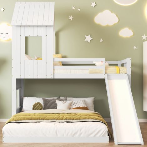 Lit superposé cabane avec toboggan - Lit enfant 90x200 cm et 140x200 cm - Toboggan intégré (1/5)