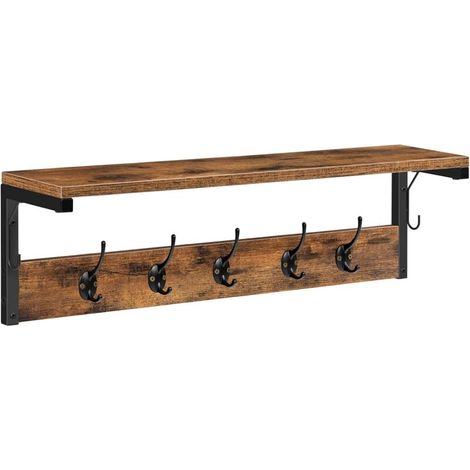 Porte-manteau mural, porte-manteau à crochets, penderie, étagère de rangement, adapté aux couloirs, chambres et salles de bains, en brun et noir vintage. (1/5)
