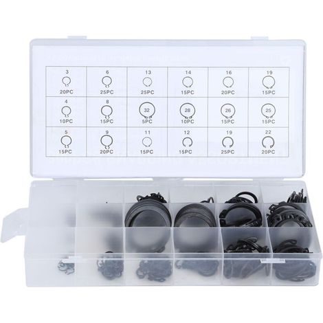 Pince circlips, 300pcs 2-32mm Kit de bague lastique E-Clip Kit de bague de retenue pression externe Assortiment de bague de retenue externe Noir (1/4)