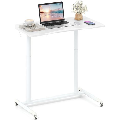 Bureau mobile debout en forme de C 95 x 52 x 70-106 cm réglable facilement avec roues verrouillables en métal blanc