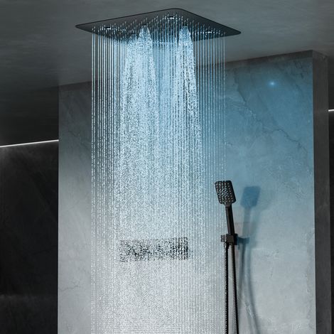 Duschsystem,Multifunktional Unterputz Duscharmatur,Duschsystem Mit Thermostat, Mit LED-Farblichter,500×500mm Kopfbrause,Handbrause Duscharmatur Komplettset,Schwarz Duschsystem