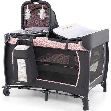 COSTWAY Culla Campeggio Bambini 5 in 1, Lettino Viaggio Neonati Pieghevole con Materasso, Fasciatoio e Tettoia, Box Portatile con Ruote, 2 Giocattoli Appesi e Carillon, per Bambini 0-3 Anni (Rosa)