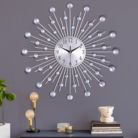Giant Silver Wall Clock with Rhinestones, Silent Metal Wall Clock Modern Nordic Decoration, Creative Design for Living Room, Bedroom, Bar 56 cm (1/5)