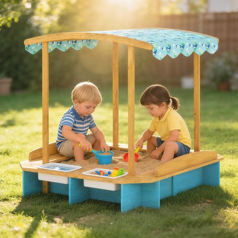 Bac à sable en bois pour enfants avec toit, 3 bancs, 2 boîtes de rangement en polypropylène, revêtement pour enfants de 3 à 6 ans, 128 x 118 x 121 cm, bleu
