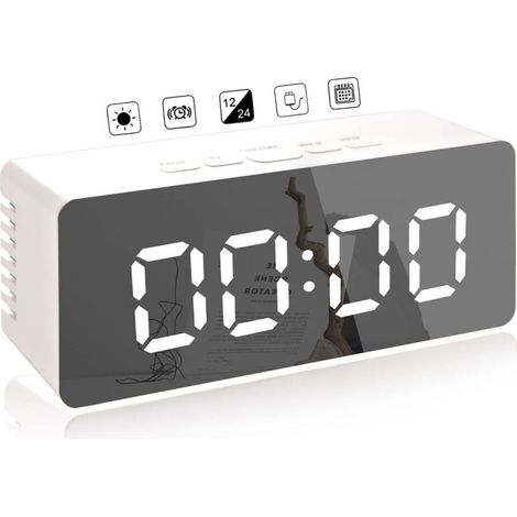 Reloj despertador digital, reloj digital LED con pantalla de temperatura, reloj despertador con espejo portátil, formato de 12/24 horas, puerto de carga USB (blanco) - Fei Yu (1/5)