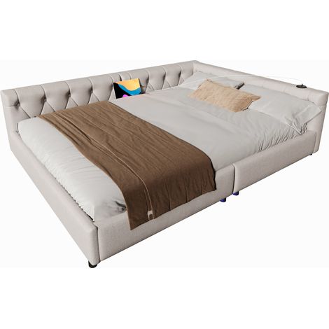 Lit canapé en lin beige 140x200 cm avec sommier à lattes, LED 7 couleurs, ports USB+Type-C (1/5)