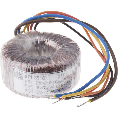 Transformateur torique RS PRO 2 sorties, 230V c.a. 2 x 6V c.a., 15VA ( Prix pour 1 )