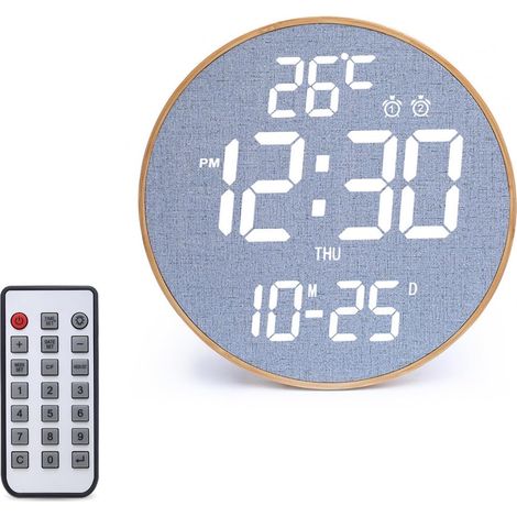 Horloge murale numérique en bambou avec calendrier LED électronique Variation automatique, date, semaine, fonction réveil, horloge murale, horloge de table pour salon et bureau (1/5)