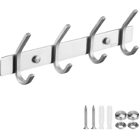 Porte-manteau mural à 4 crochets, crochets porte-serviettes, porte-manteaux/porte-peignoirs, pour salle de bain ou cuisine, en acier inoxydable SUS 304 argenté