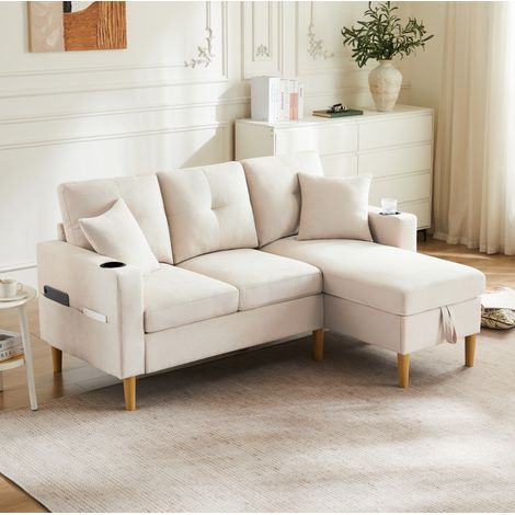 L-förmiges modernes Sofa, 3-Sitzer-Sofa mit Chaiselongue, Stauraum, integriertem Getränkehalter, wird mit 2 Kissen geliefert, geeignet für Wohnzimmer, Büro, Wohnung usw., Video verfügbar (1/5)
