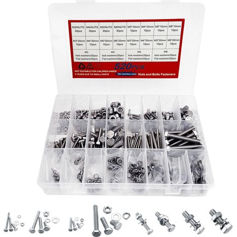 Vis Boulons Écrous M3 M4 M5 M6 520PCS Kit, Assortiment Vis Boulons Écrous à Tête, Acier Inoxydable 304, Boîte de Rangement (1/5)
