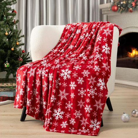 Plaid De Noël - Microfibre Rouge Motif Flocons De Neige - 130 x 100 cm - Pour Canapé Lit Ou Extérieur - 1 Pièce (1/5)