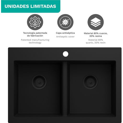 Fregadero de cocina de cuarzo Oblack Celine 84x56 cm doble cubeta color negro mate