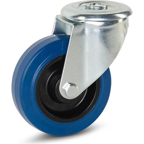 Roulette pivotante - MESO - Caoutchouc élastique bleu - 100mm - 130kg - Trou central