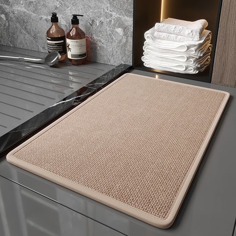 Tapis de bain en lin épais 60x90 cm motif tissé couleur café, absorption renforcée, antidérapant pour salle de bain (1/5)