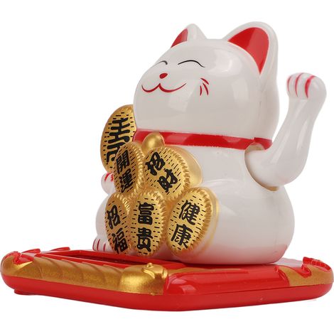 Maneki Neko Chat Porte-Bonheur Solaire Mini Format Attire la richesse et les trésors. Adorable sourire. Résistant. Idéal pour la voiture, la chambre ou le bureau. Blanc. (1/5)