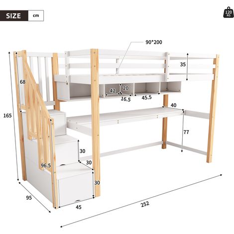 Lit surélevé enfant avec bureau spacieux et rangements, peinture éco-responsable, finition bois naturel et blanc, ancien code 30606012AAN / N634P18638123W-1 (1/5)