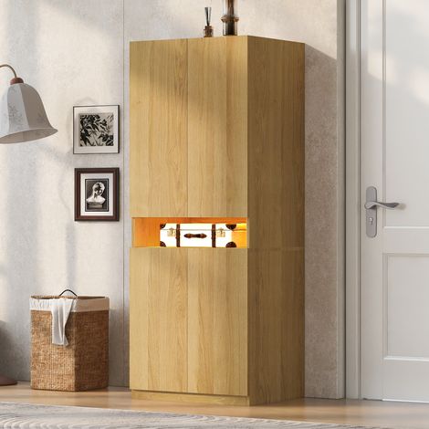Armoire 70x55x180 cm avec éclairage LED, espaces de rangement lumineux et penderie, dressing individuel avec grand rangement, bois naturel (1/5)