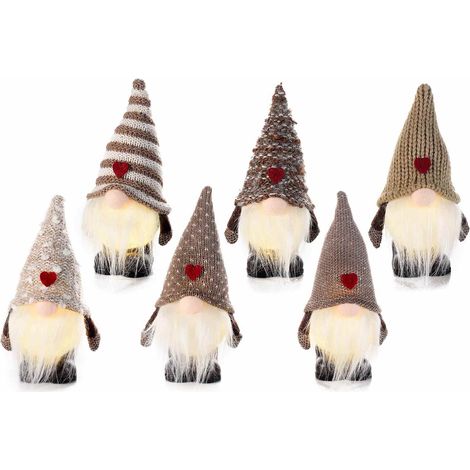 Petits gnomes Père Noël décoratifs à poser, longue barbe, cœur sur bonnet et corps lumineux, lot de 6, 7x6,5x H. 16,5 cm (bonnet déplié)
