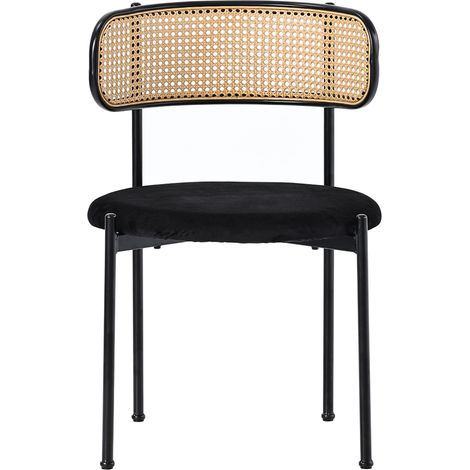 Set de 4 sillas de comedor de terciopelo negro con respaldo de ratán y patas de metal (1/5)