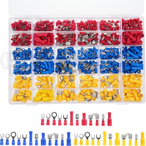 Kit de 840 cosses à sertir pour câbles électriques, avec pression à froid, assortiment de cosses à sertir isolées, à œillet, à fourche et à déconnexion rapide. (1/5)