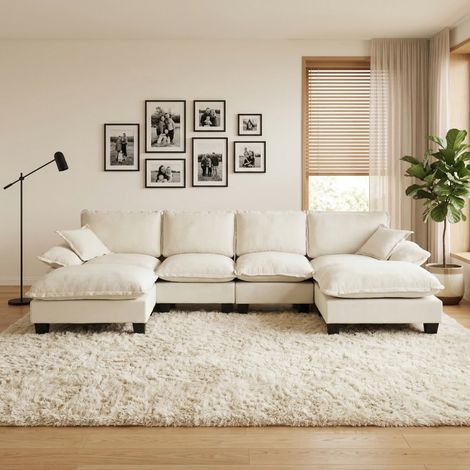 Canapé d'angle modulable en chenille beige 332x151x90 cm avec ottoman amovible (1/5)
