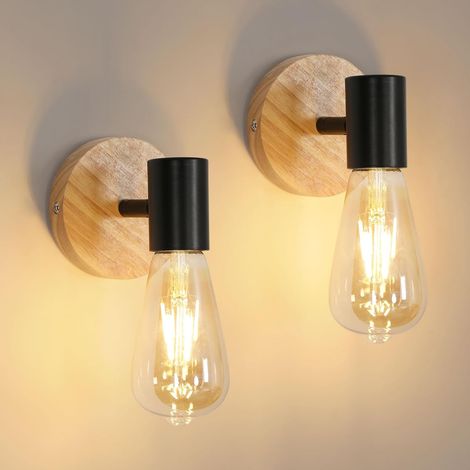 Applique Murale Intérieure 2 Pièces, Vintage Bois Rotative Lampe Murale Industrielle en Métal E27 Applique Murale Lampe de Mur Noir pour Salon Chambre Cuisine (Ampoule Non Incluse)